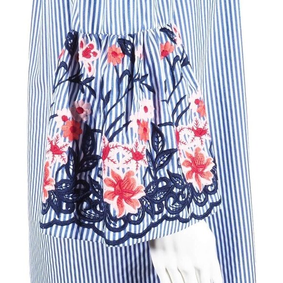J Howard Dress Size 14 Striped Embroidered Bell Sleeve Blue White Red Beachy - Picture 3 of 9